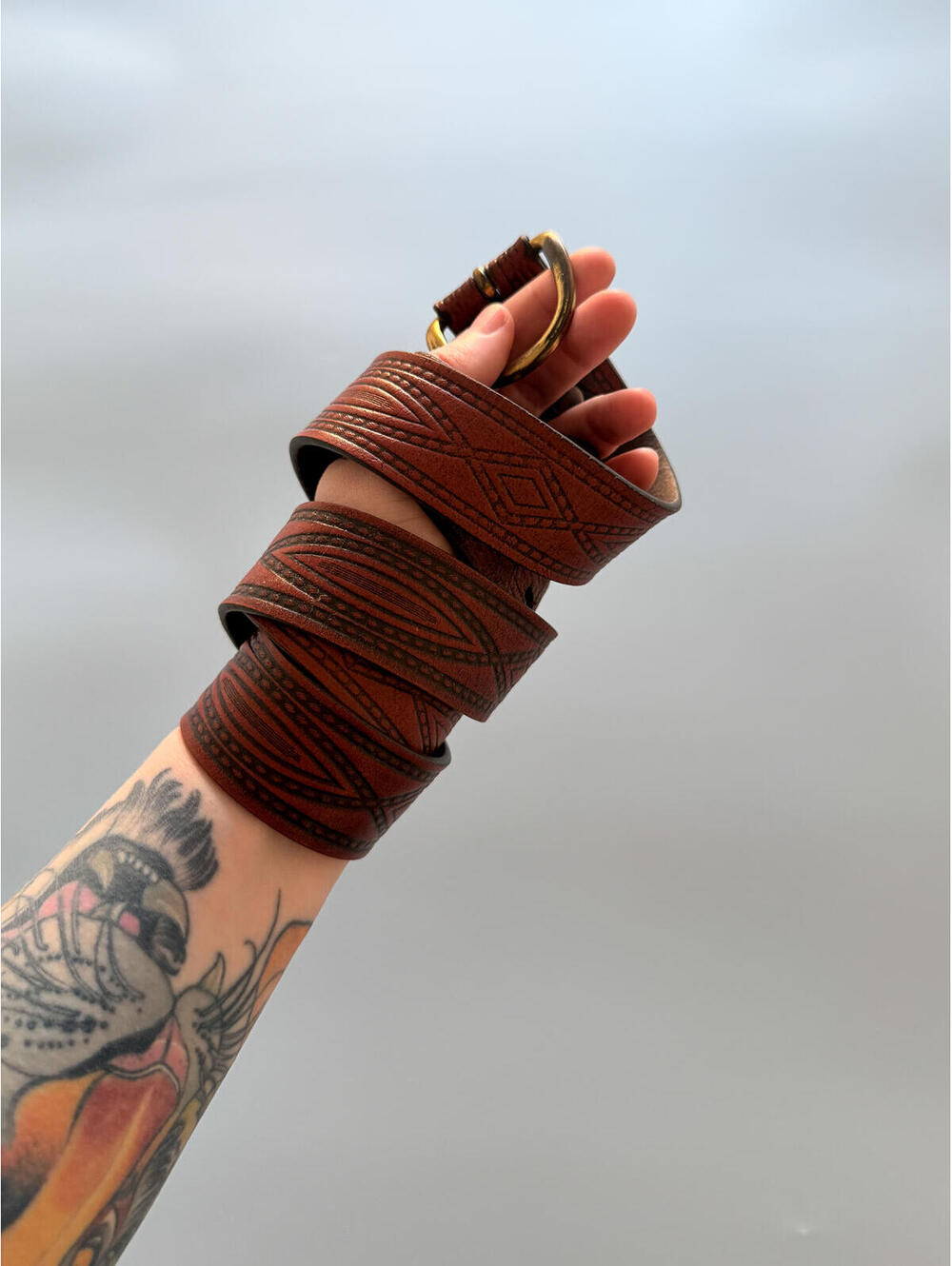 Vintage‎ Wrangler Tooled Leather Belt, Western Belt, Brown Embossed Leather,